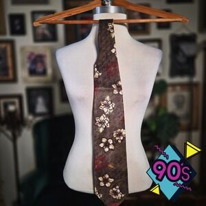 Structure Silk Tie Brown Floral Print Vintage 90s Retro Mens Necktie Made in USA